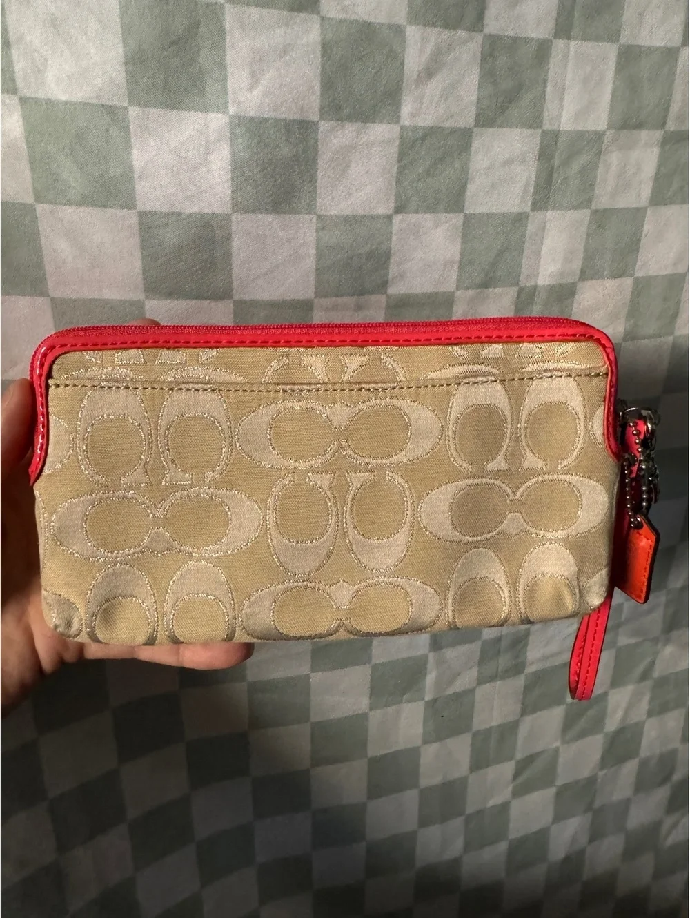 Coach Signature Canvas Wristlet with Pink Leather Trim